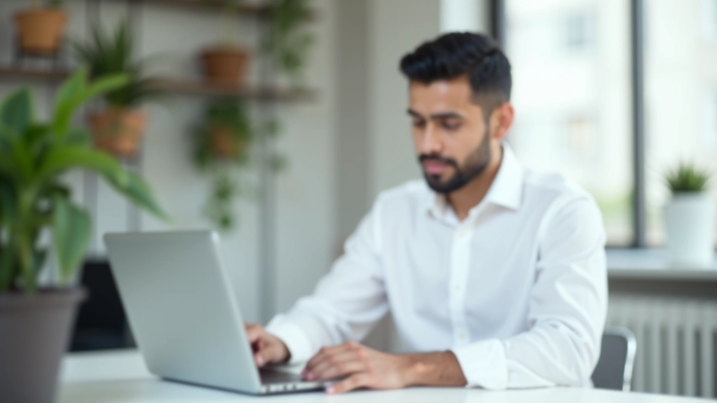 Man in professional attire sitting at desk during a video call on laptop