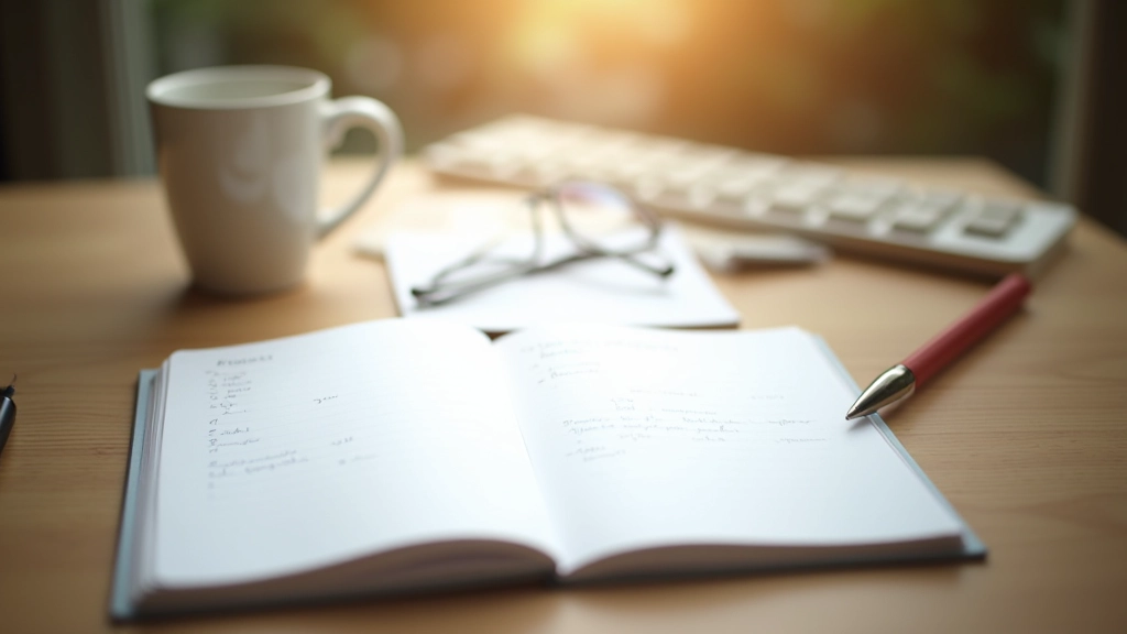 Open notebook with handwritten notes on a desk near a cup of coffee