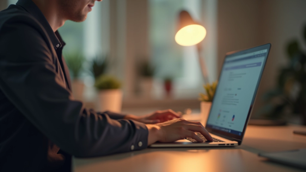Person typing on laptop keyboard, focused on work, clean minimalist desk with coffee cup, professional workspace