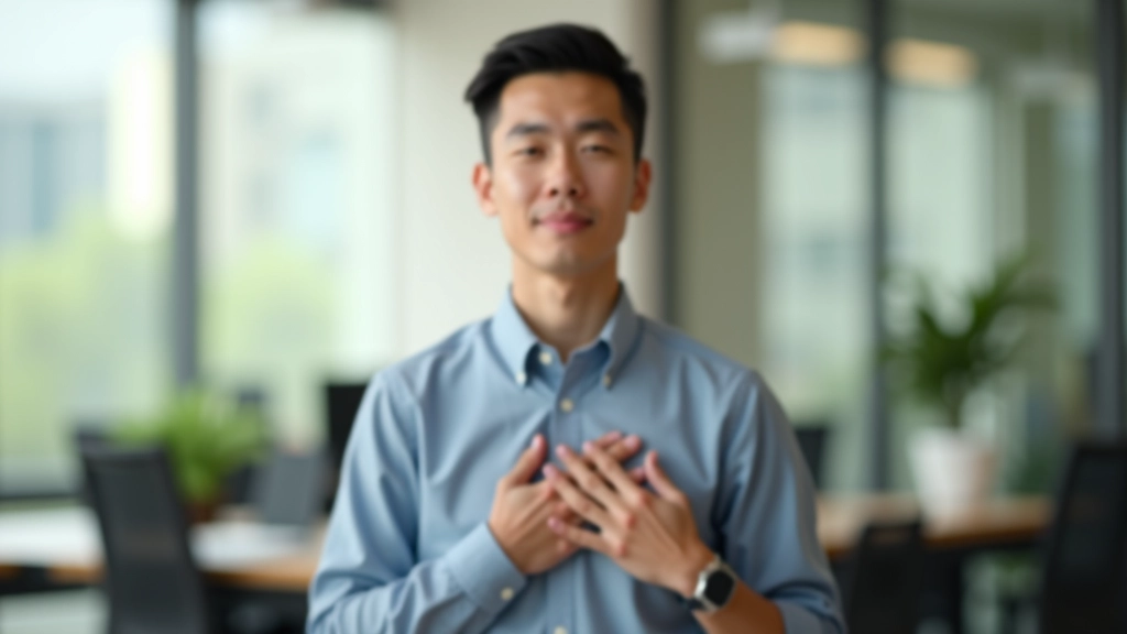 Person performing breathing exercises in calm office space, hands on chest demonstrating proper breathing technique