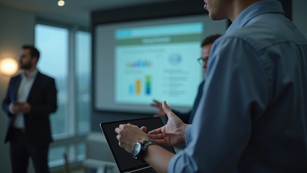 Presenter practicing with presentation slides displayed on laptop and large screen in conference room
