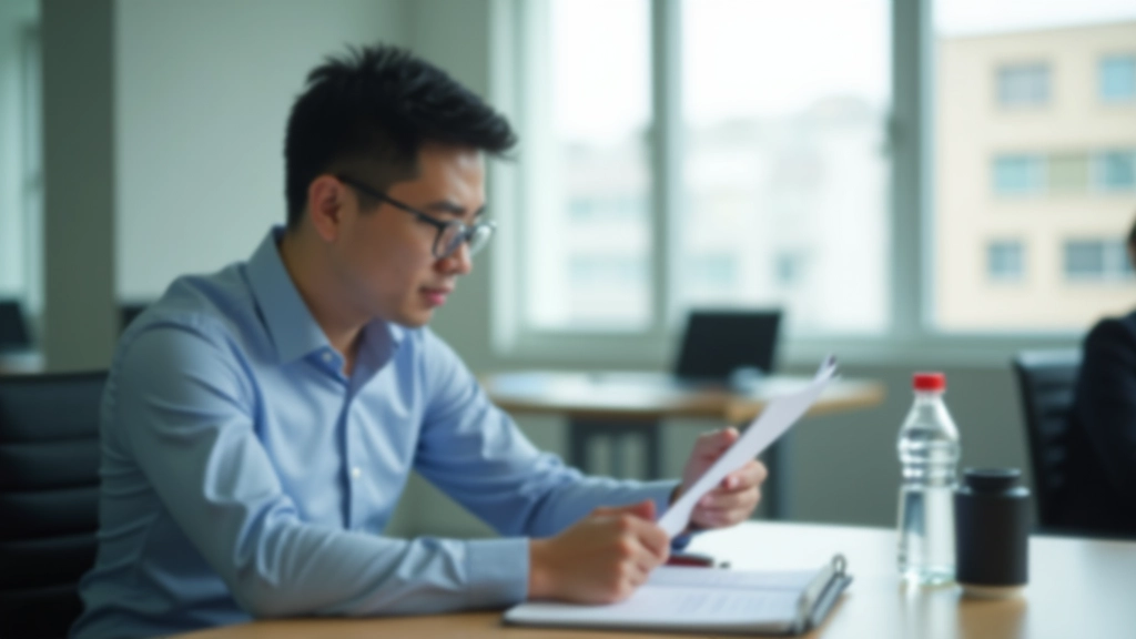 Person reviewing notes before a presentation, seated at desk with water bottle and notebook