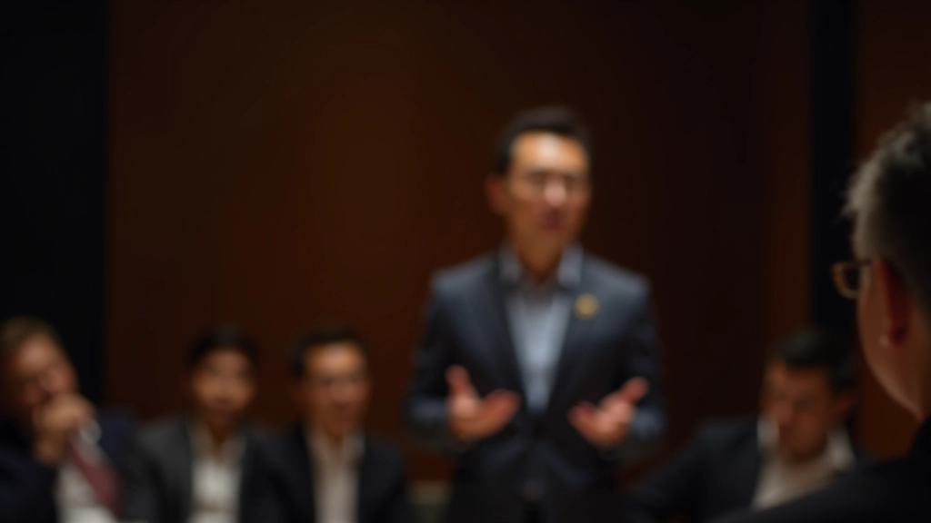 Speaker engaging with audience during presentation, making eye contact and using natural hand gestures