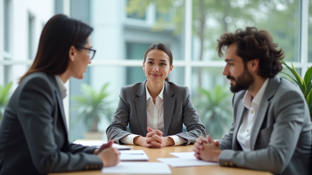 Diverse group of three professionals in business attire having a collaborative discussion around a wooden table with documents