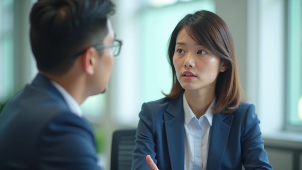 Two professionals having a thoughtful conversation in a bright office setting, one person listening intently while the other speaks