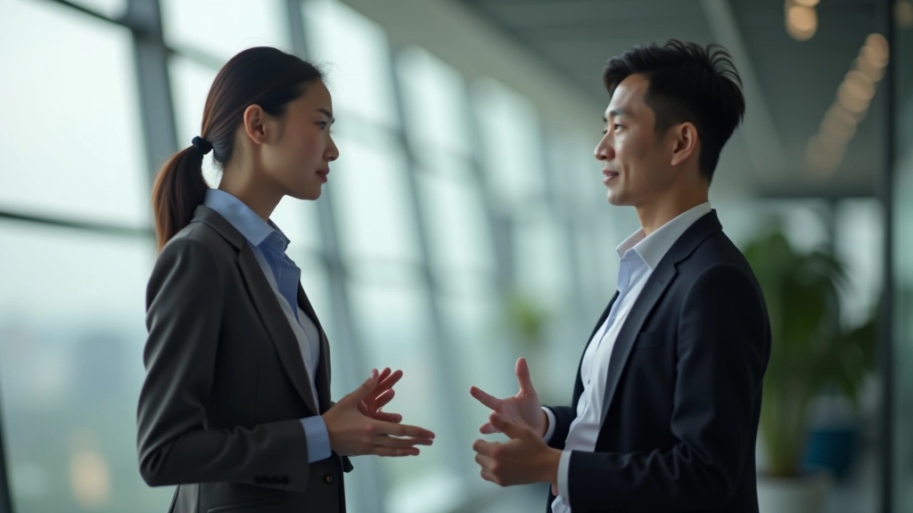 Two professionals having a focused one-on-one conversation in a bright, modern office space