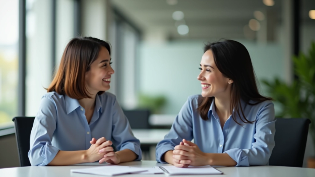 Two professionals having a conversation in a modern office setting with natural light