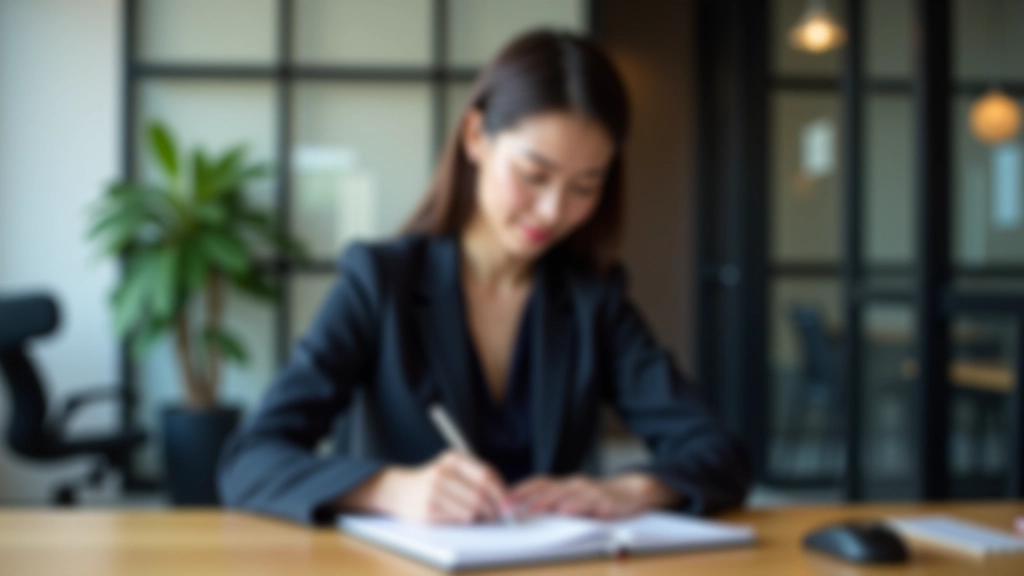 Professional woman at desk writing notes and planning, focused and organized, modern workspace