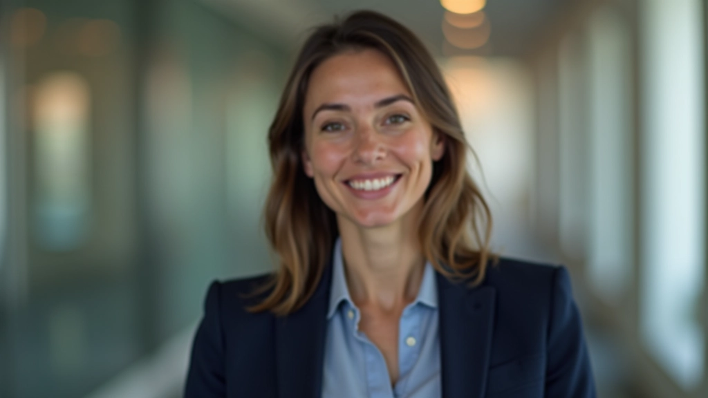 Professional woman in business attire smiling confidently during a team meeting in a modern office environment