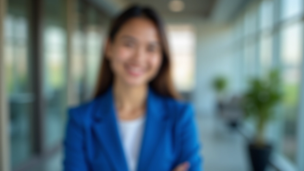 Professional woman in blue blazer smiling during a business presentation